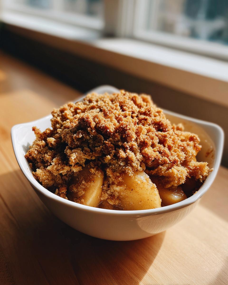 A close-up of a single serving of amazing apple crisp recipe in a white bowl, featuring thick apple slices under a crumbly brown topping.