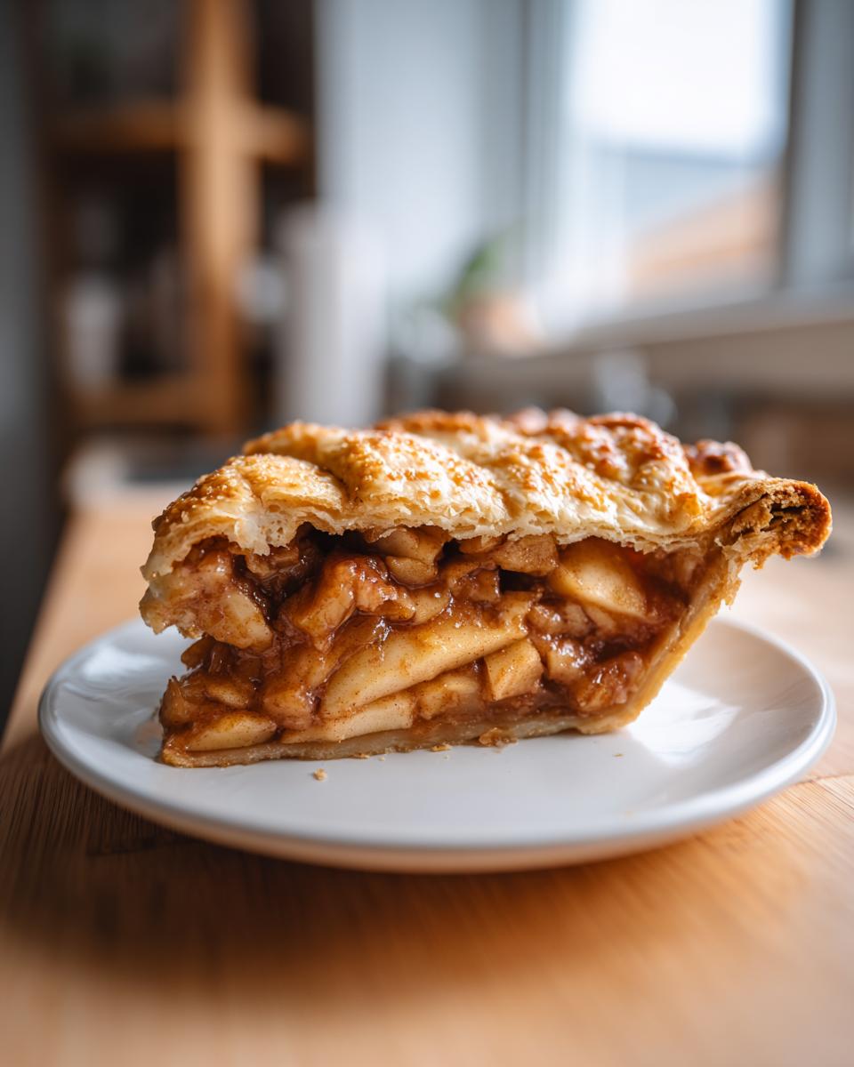 Close-up of a thick slice of amazing apple pie showing the flaky, golden crust and rich, spiced apple filling.