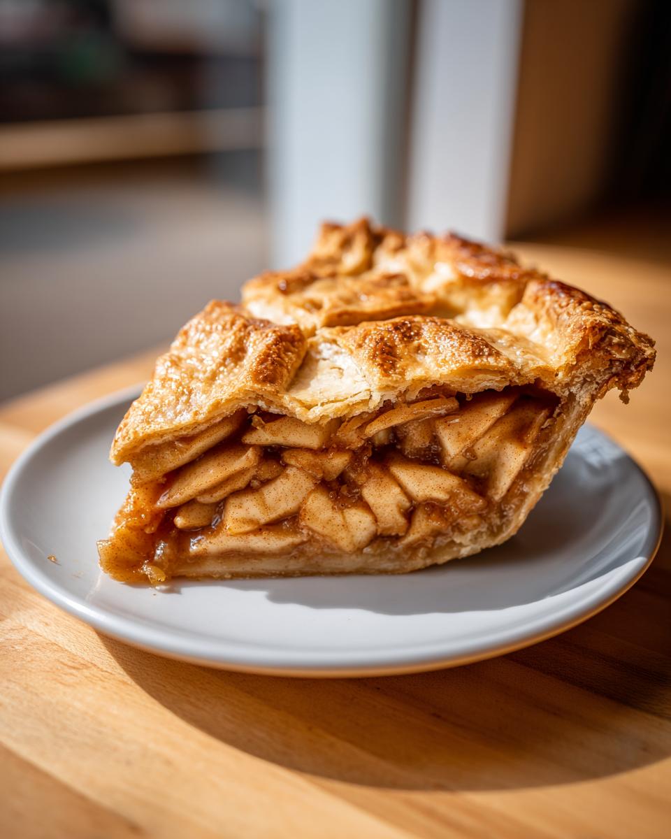 A close-up of a thick slice of apple pie showing the flaky golden crust and cinnamon-spiced apple filling.