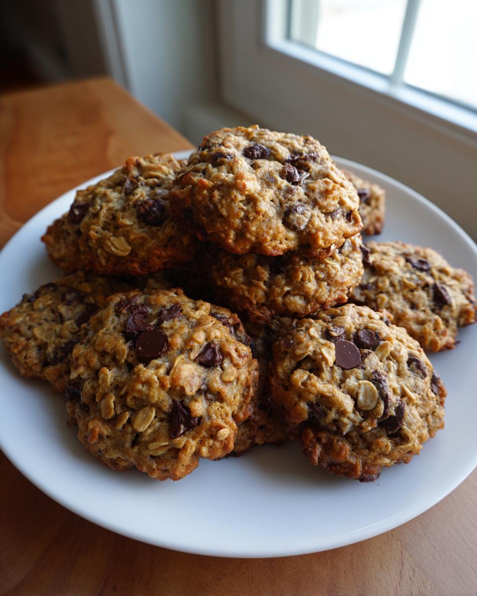A pile of freshly baked, golden brown breakfast cookie studded with chocolate chips on a white plate.