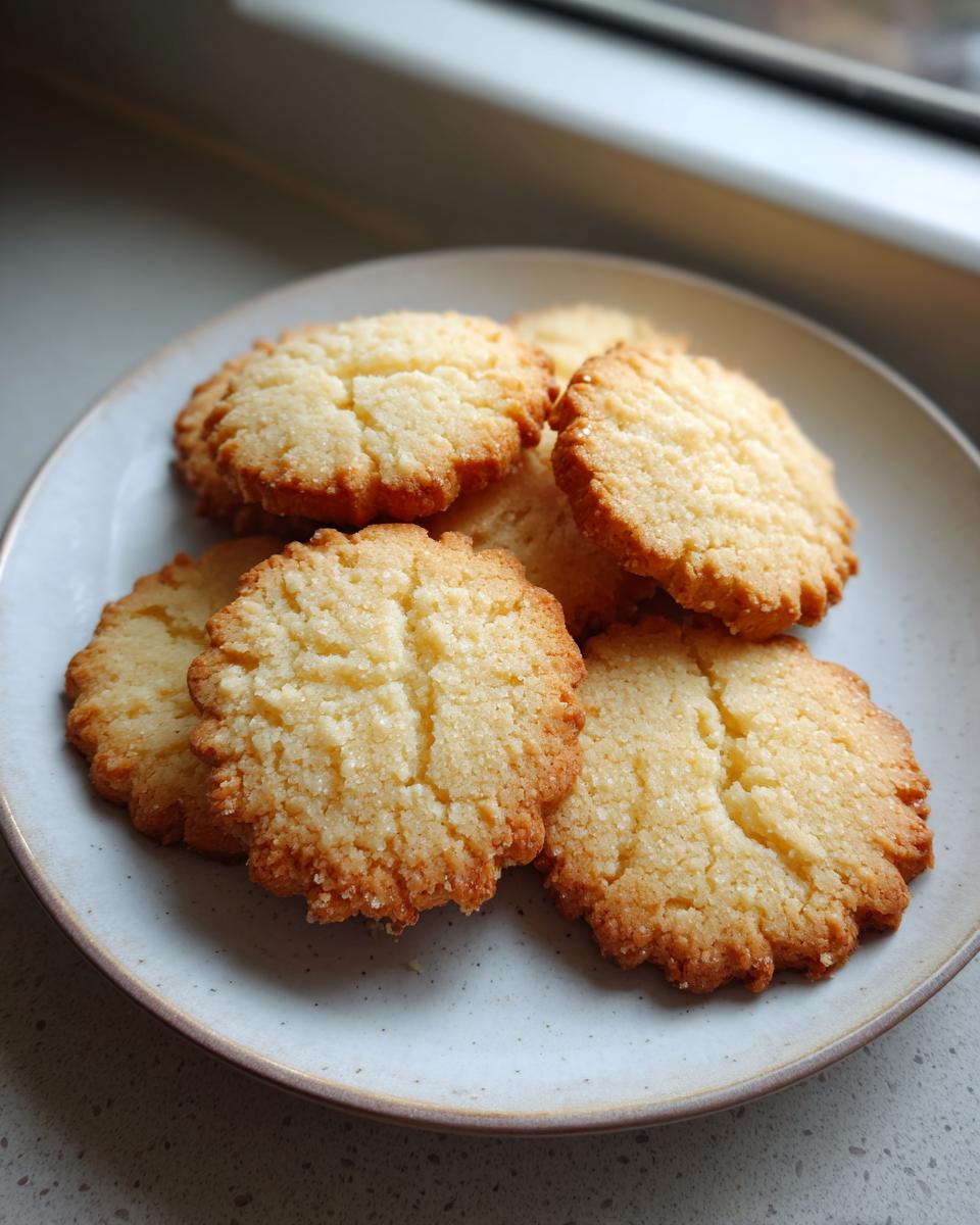 A stack of freshly baked, golden brown butter cookies with scalloped edges resting on a light ceramic plate.