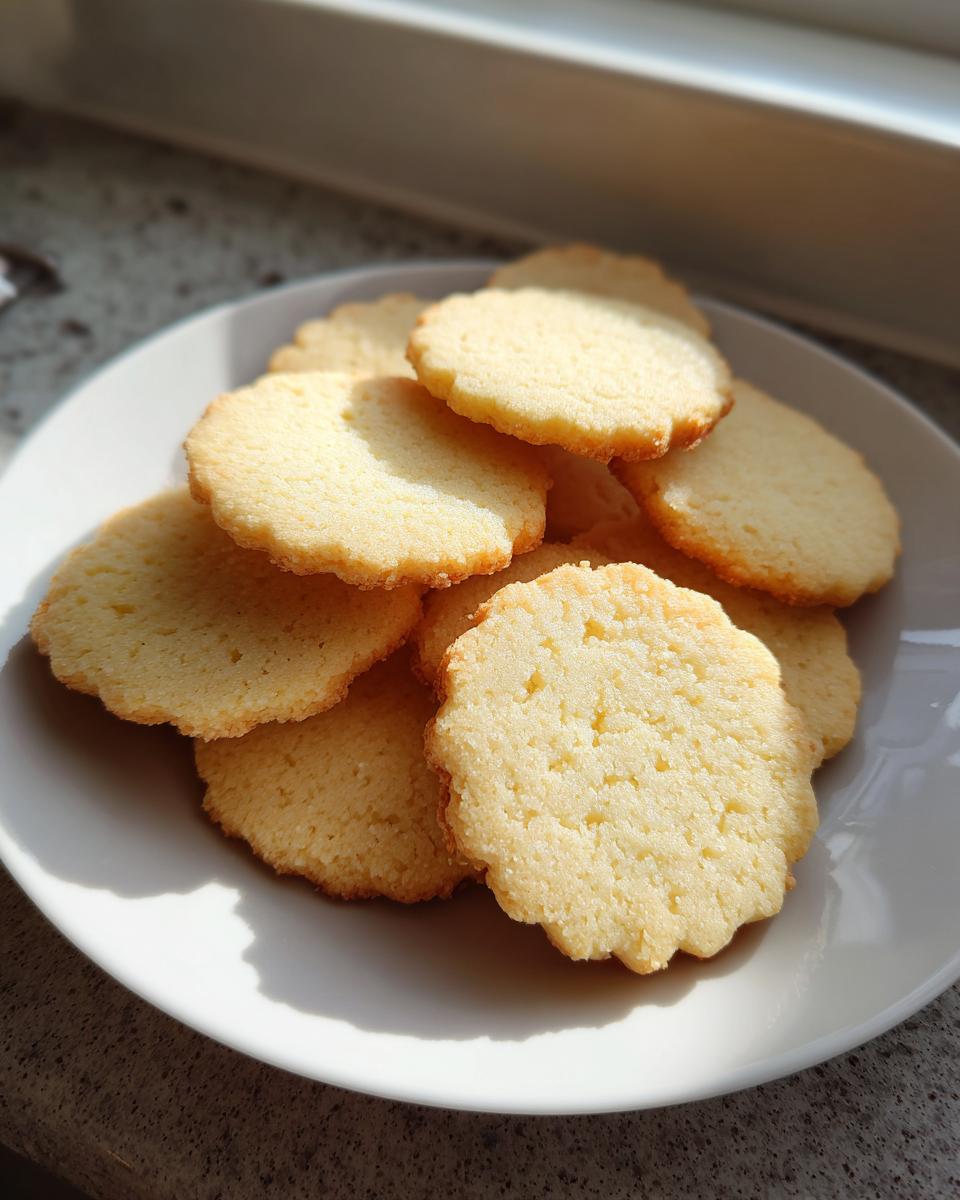 A plate piled high with freshly baked, golden butter cookies, catching bright sunlight.