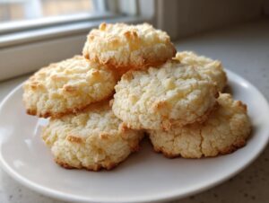 A stack of golden brown, textured butter cookies piled on a white plate near a window.