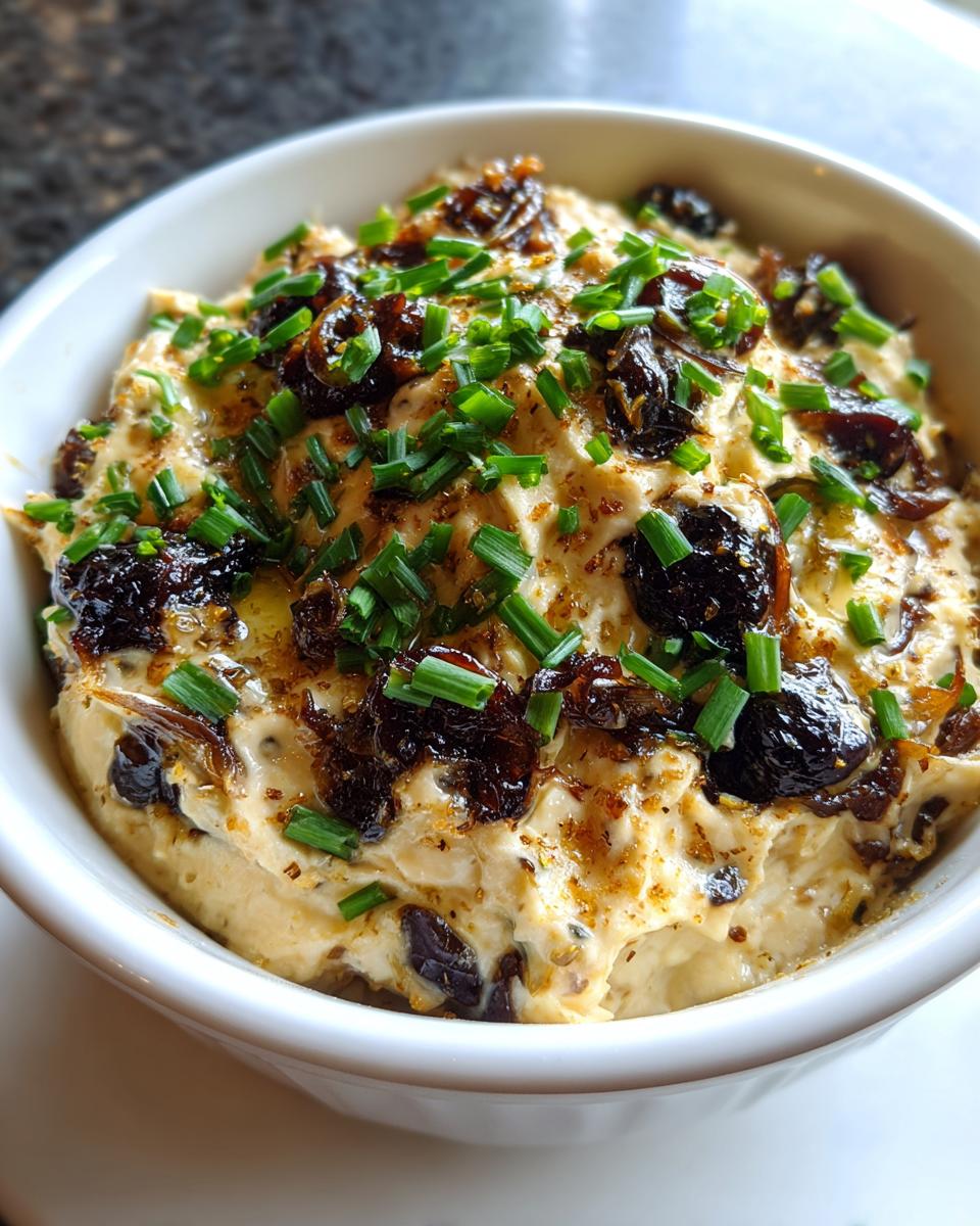Close-up of a creamy caramelized onion dip in a white bowl, topped with dark caramelized onions and fresh green chives.