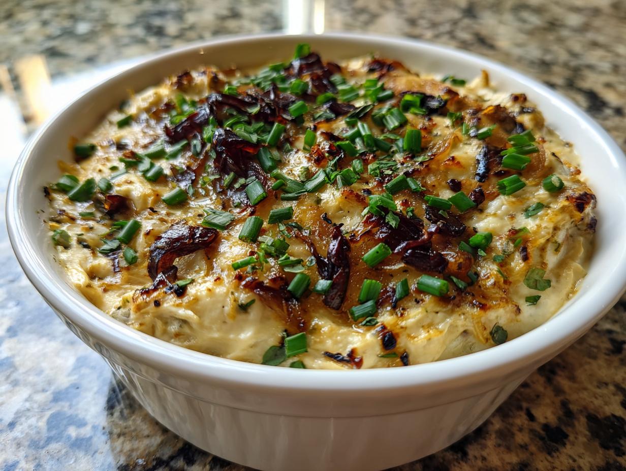 A close-up of a creamy, baked caramelized onion dip topped with dark caramelized onions and fresh green chives.