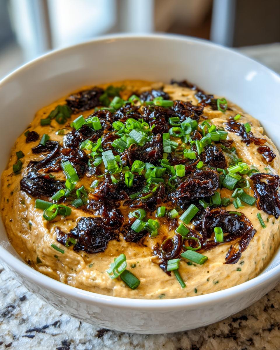 Close-up of a creamy, orange-toned caramelized onion dip topped with dark, rich caramelized onions and fresh green chives.