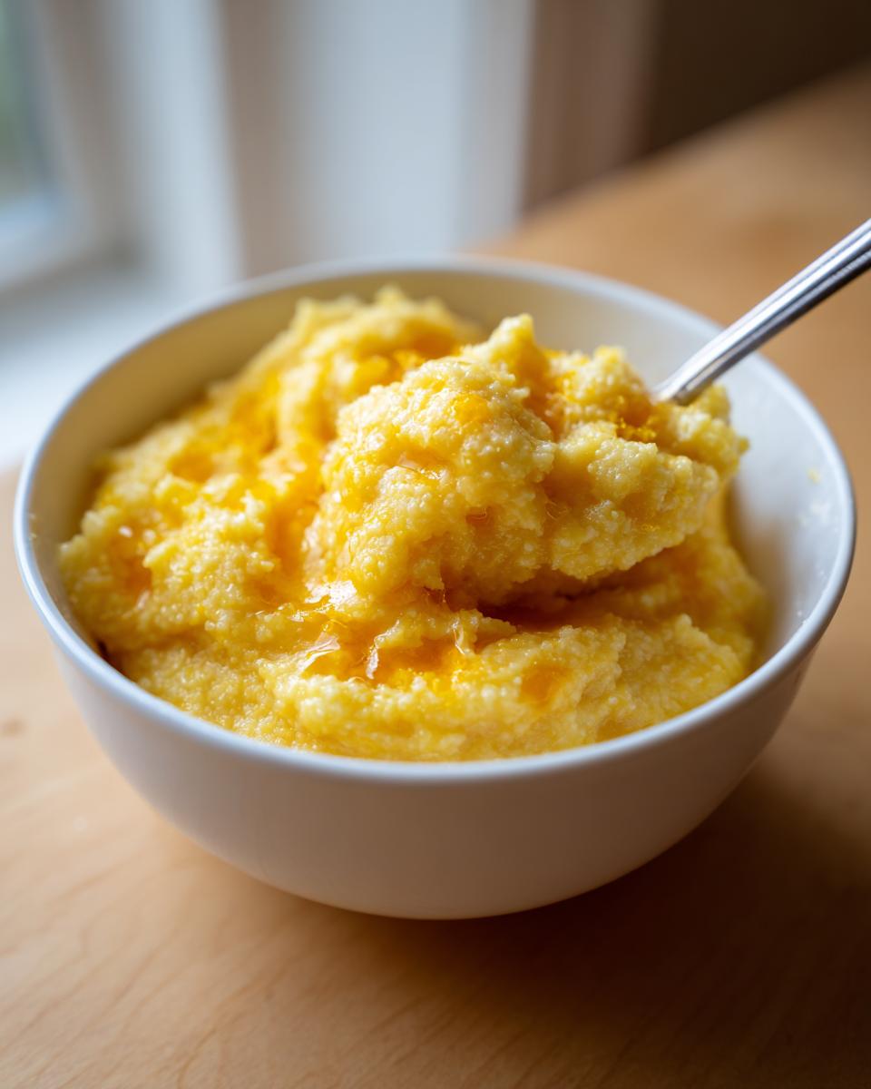A close-up of a white bowl filled with creamy, yellow cheese grits topped with melted butter, with a spoon resting in the dish.