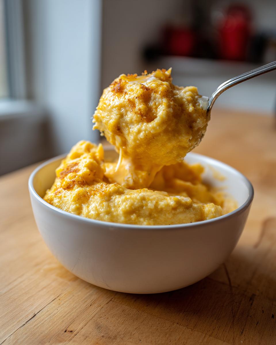 A spoonful of rich, yellow cheese grits being lifted from a white bowl, showing a cheesy pull.