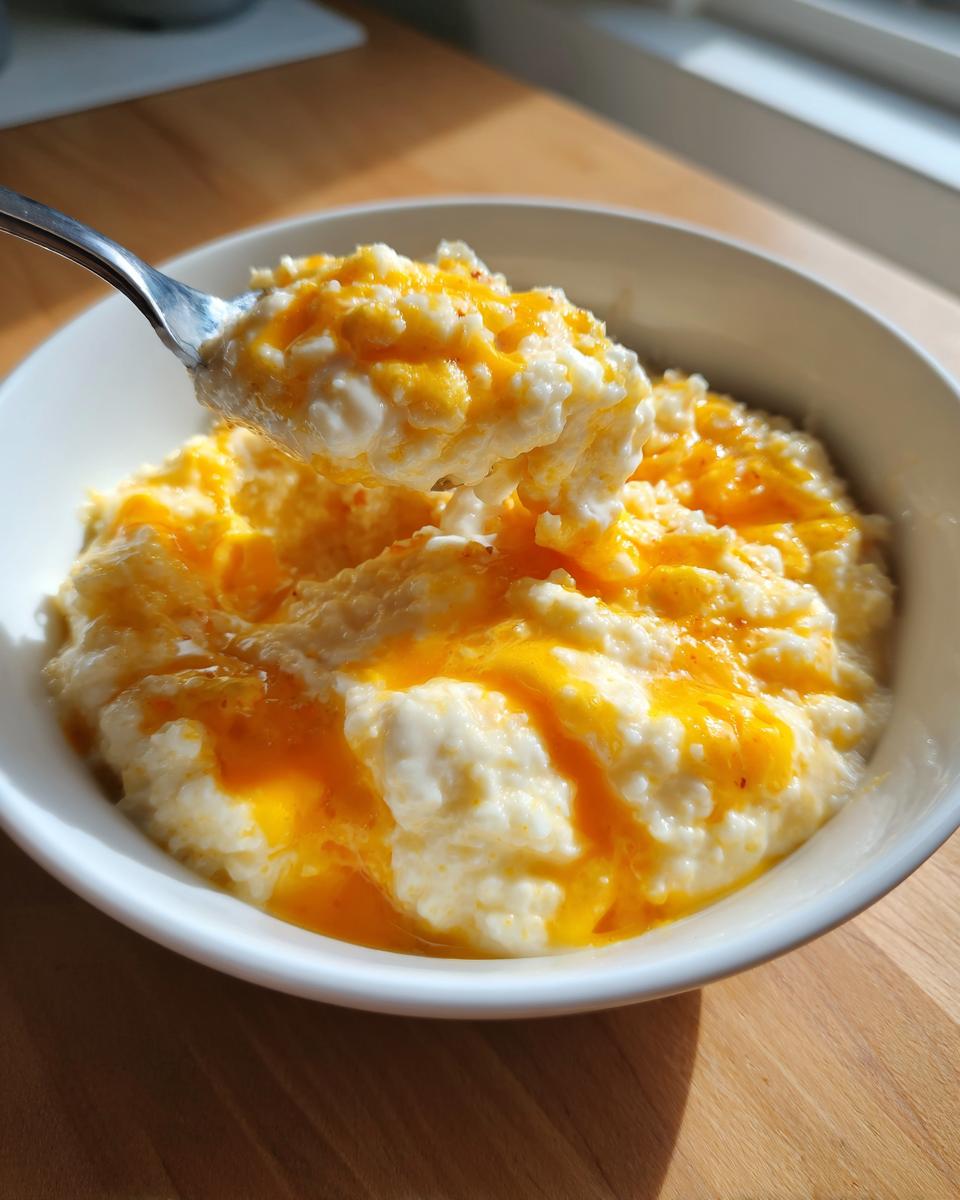 A spoonful of creamy, white cheese grits topped with melted orange cheddar cheese being lifted from a white bowl.