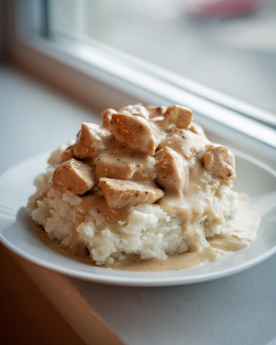 Close-up of tender chicken pieces smothered in creamy gravy served over a mound of mashed potatoes, featuring the chicken and gravy recipe.