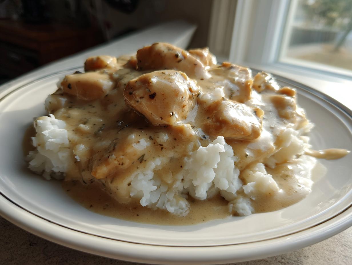 Close-up of savory chicken and gravy generously poured over a bed of fluffy white rice.