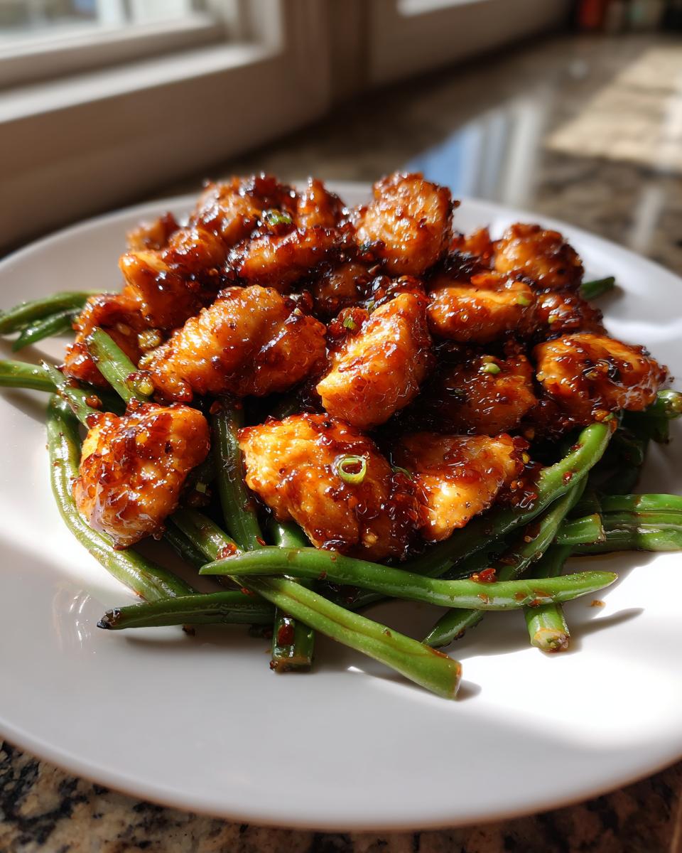 Close-up of glazed chicken pieces served over bright green beans, highlighting the amazing chicken and green beans dish.