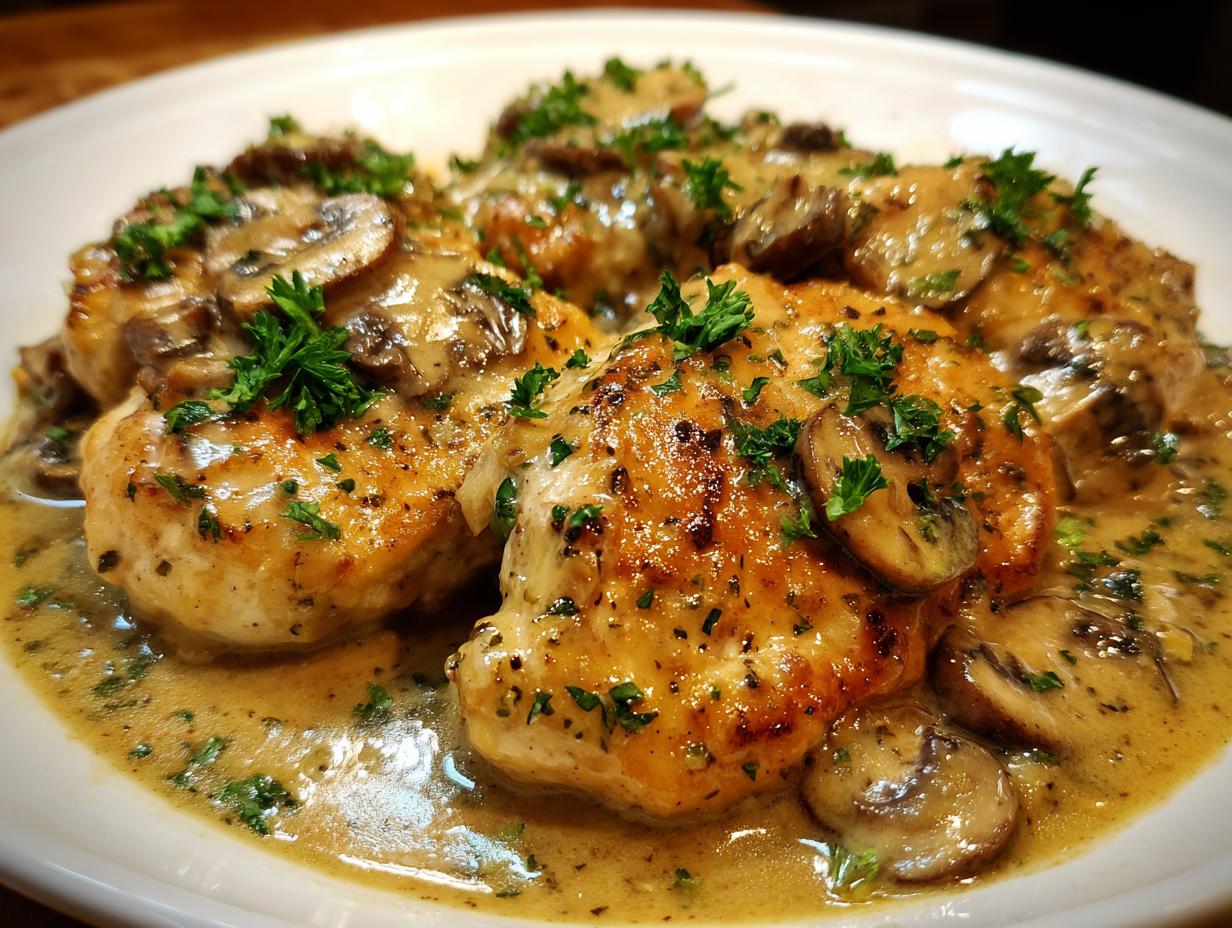 Close-up of pan-seared chicken marsala pieces smothered in a rich, creamy mushroom sauce and garnished with fresh parsley.