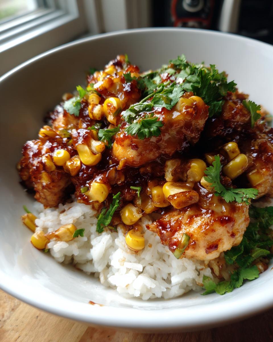 A close-up of a delicious chicken rice bowl featuring glazed chicken pieces, sweet corn, and fresh cilantro garnish.