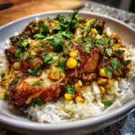 Close-up of a delicious chicken rice bowl topped with glazed chicken pieces, melted cheese, corn, and fresh cilantro.