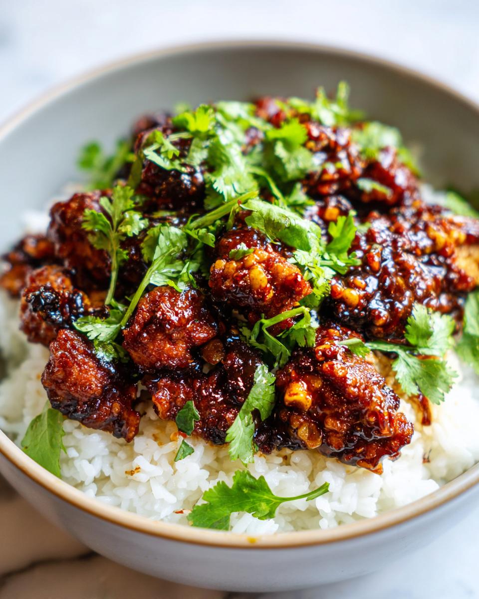 A close-up of a delicious chicken rice bowl featuring dark, sticky glazed chicken pieces served over white rice and topped generously with fresh cilantro.