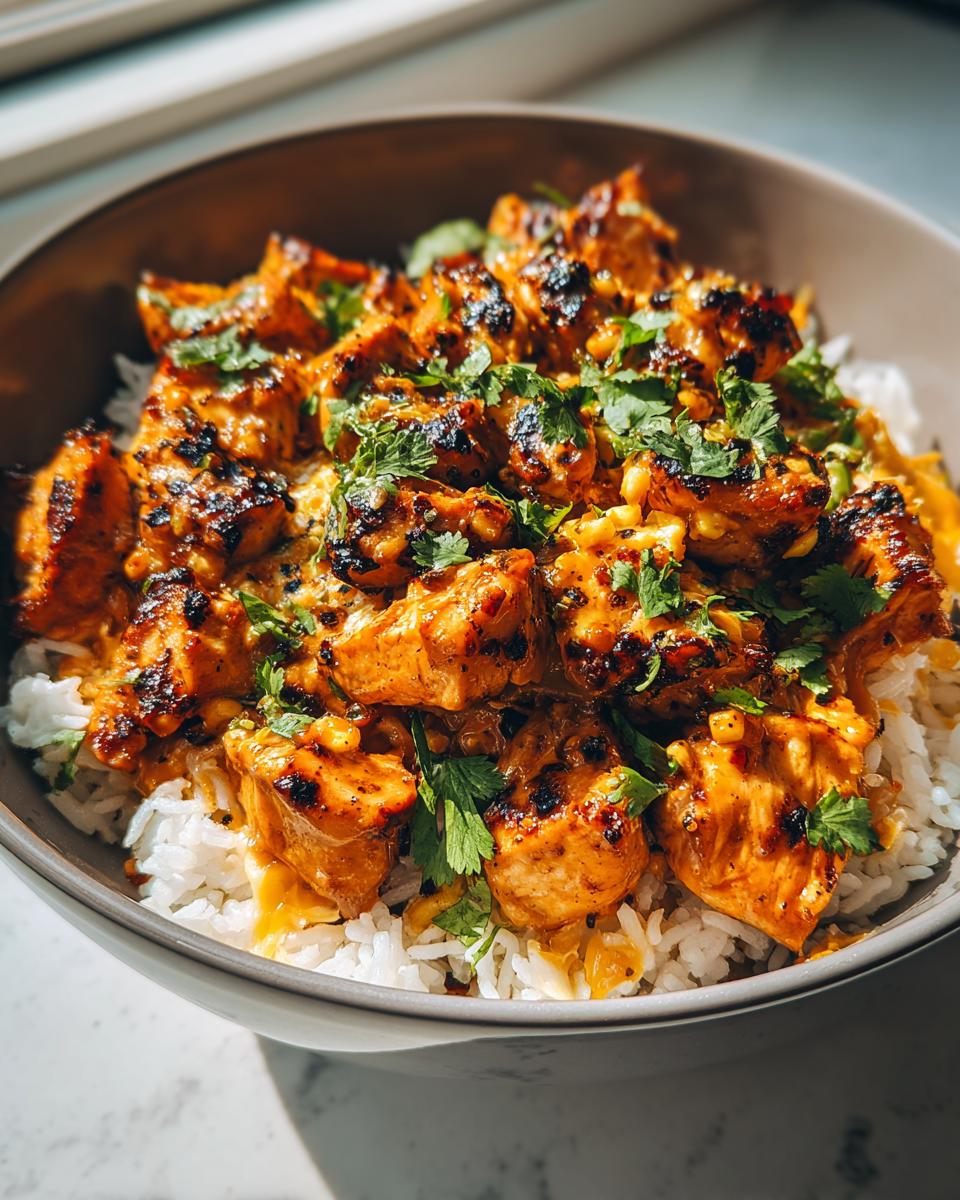 Close-up of a delicious chicken rice bowl featuring charred, saucy chicken pieces over white rice, garnished with fresh cilantro.