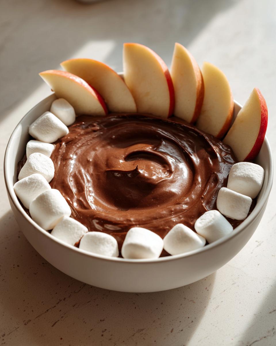 A bowl of rich, creamy chocolate dip garnished with apple slices and mini marshmallows.