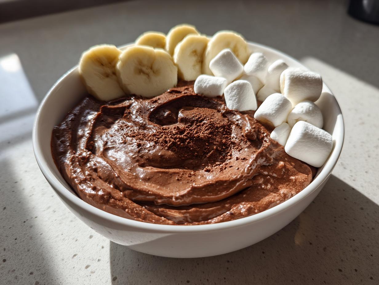 A bowl of rich, thick chocolate dip topped with sliced bananas, mini marshmallows, and cocoa powder.