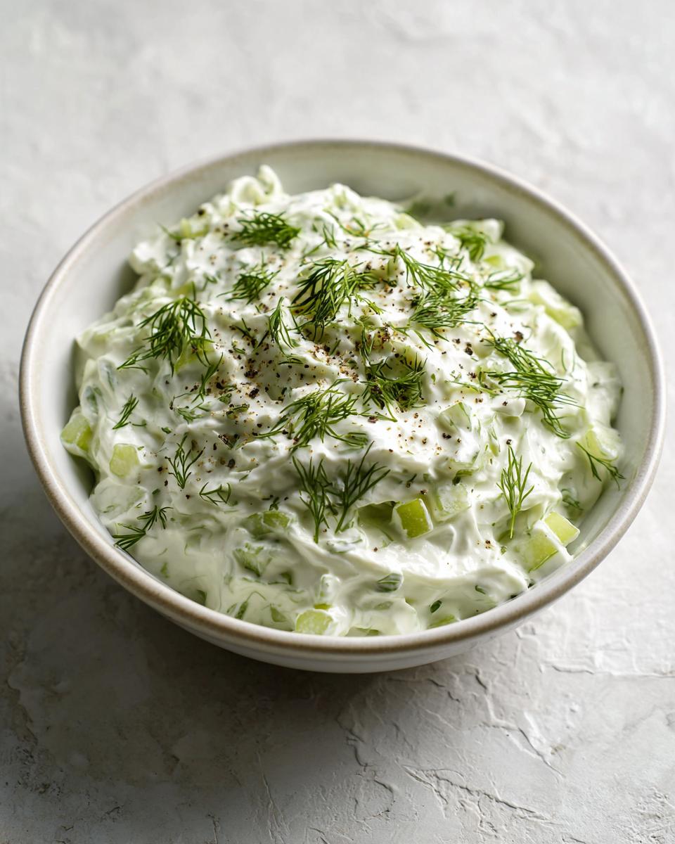 Close-up of creamy dill pickle dip topped with fresh dill and black pepper in a light bowl.