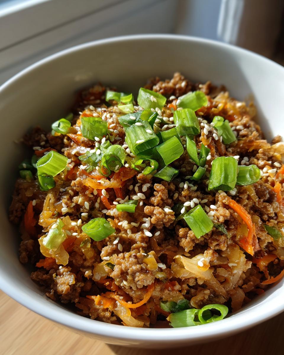 A close-up view of a white bowl filled with amazing egg roll in a bowl, topped with green onions and sesame seeds.