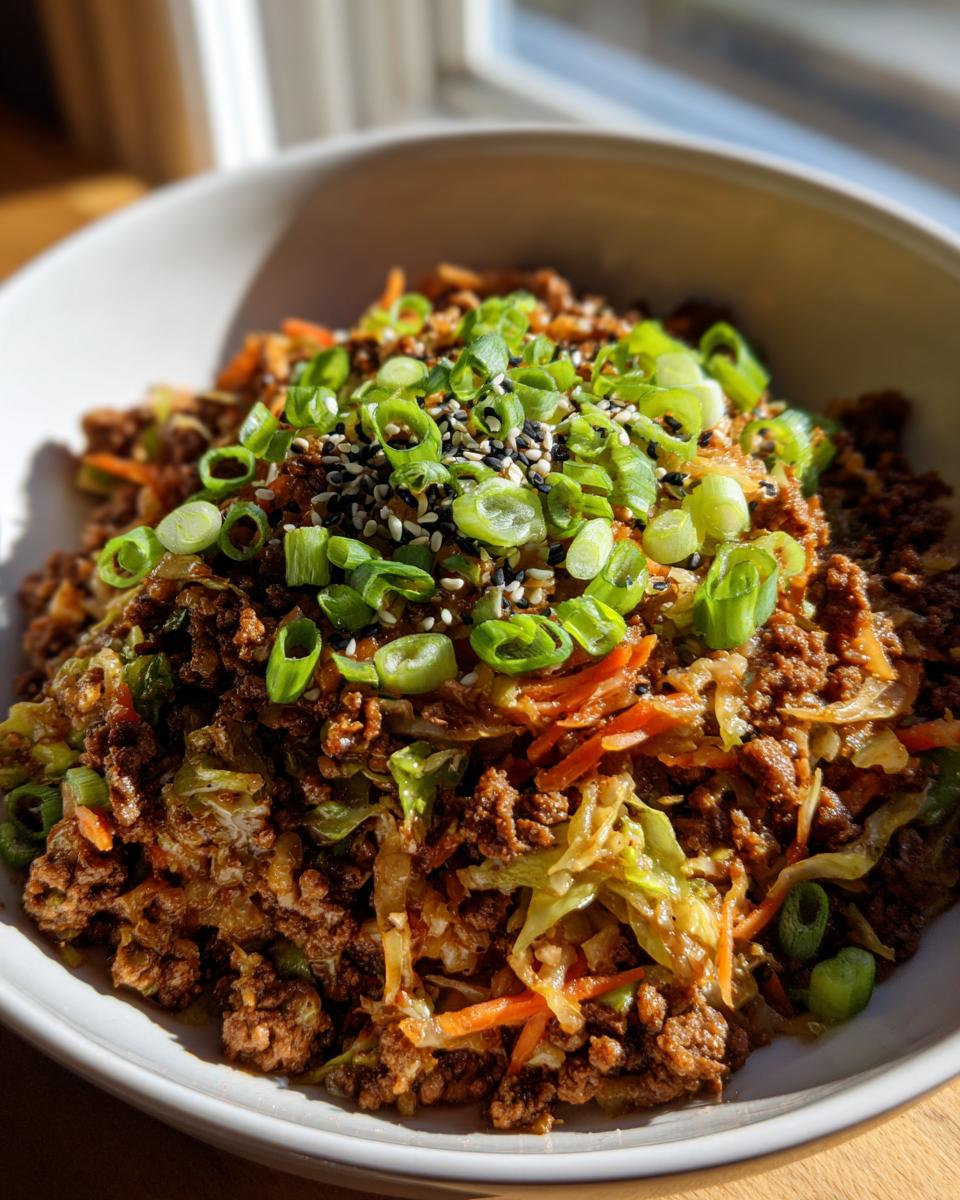 A close-up serving of savory egg roll in a bowl, topped with fresh green onions and sesame seeds.