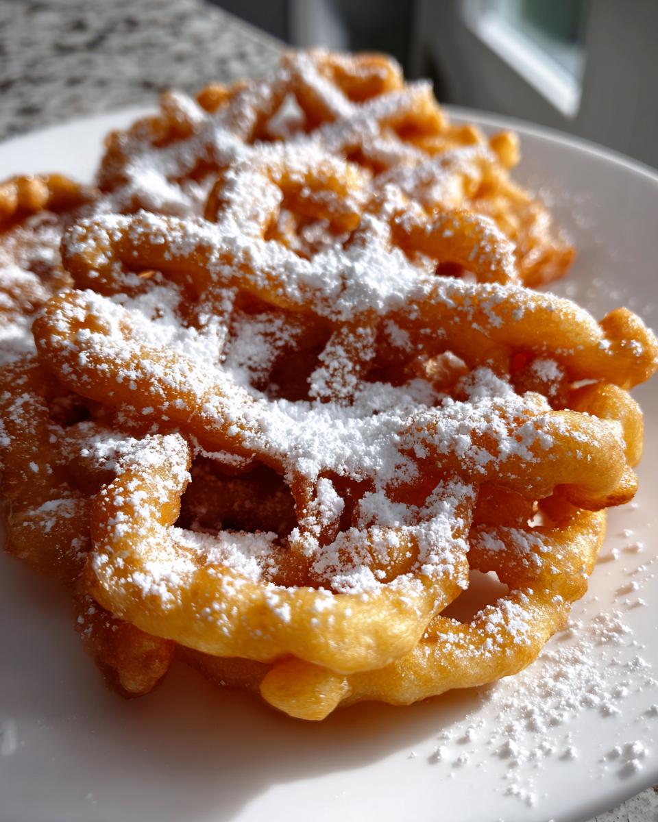 Close-up of a freshly made funnel cake recipe, golden brown and heavily dusted with white powdered sugar.