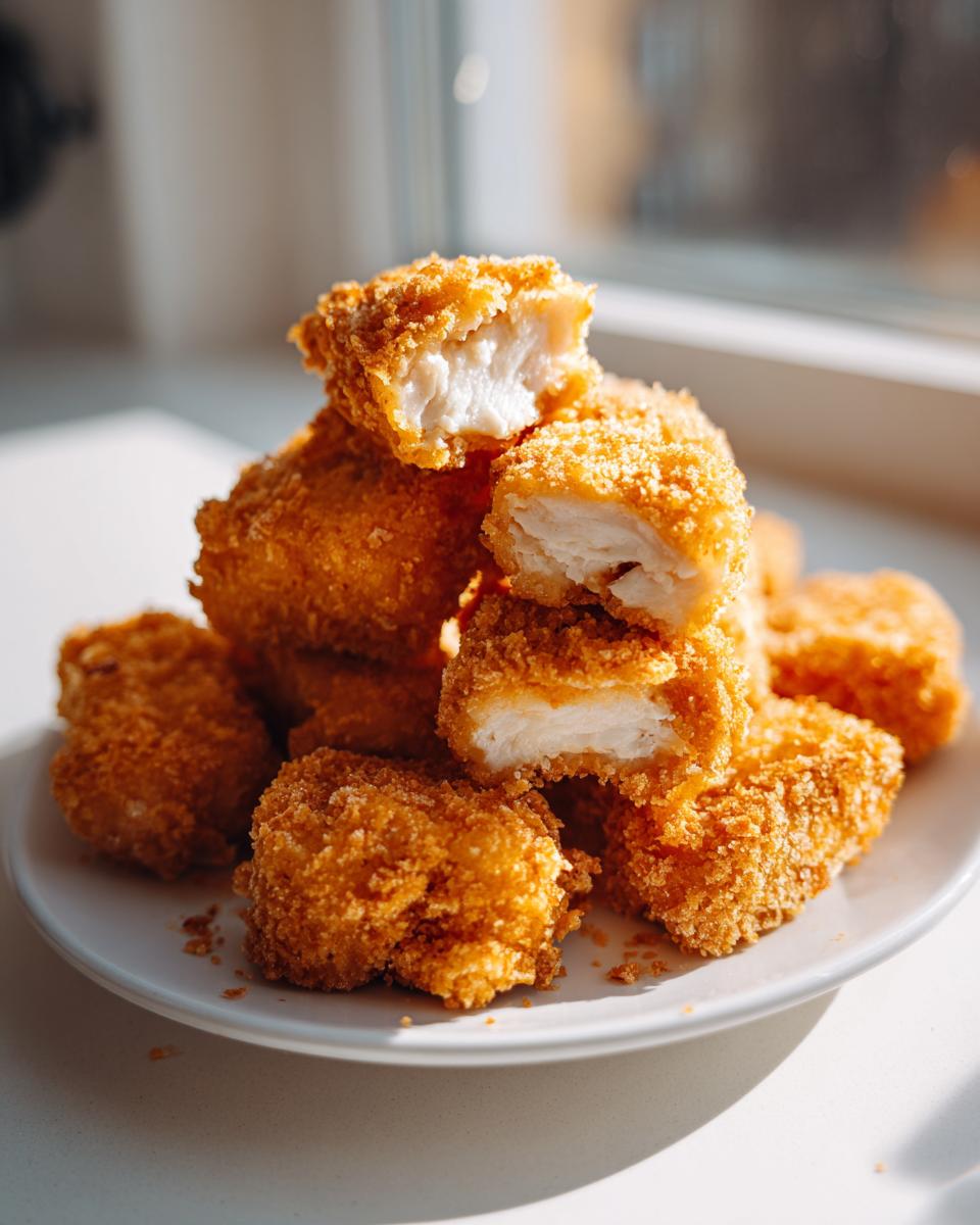 A stack of golden brown homemade chicken nuggets on a white plate, with two nuggets broken open showing the white, juicy interior.