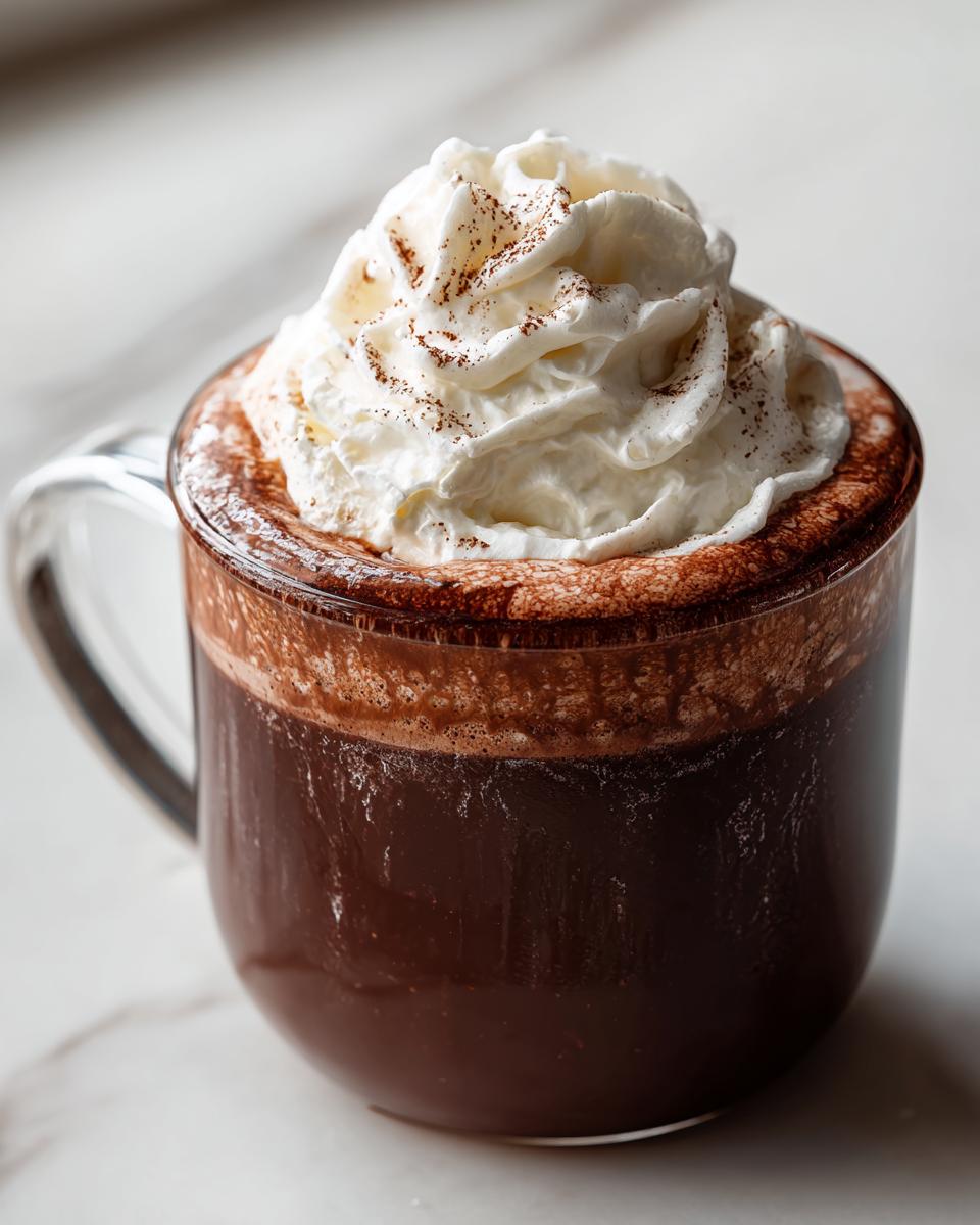 Close-up of a mug filled with rich, dark hot chocolate topped with a generous swirl of whipped cream and a dusting of cocoa powder.
