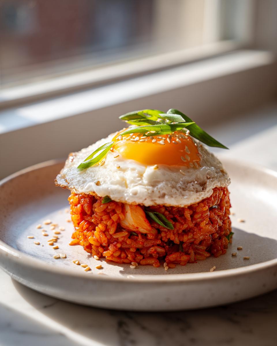 A tower of vibrant red kimchi fried rice topped with a sunny-side-up egg and green onions.