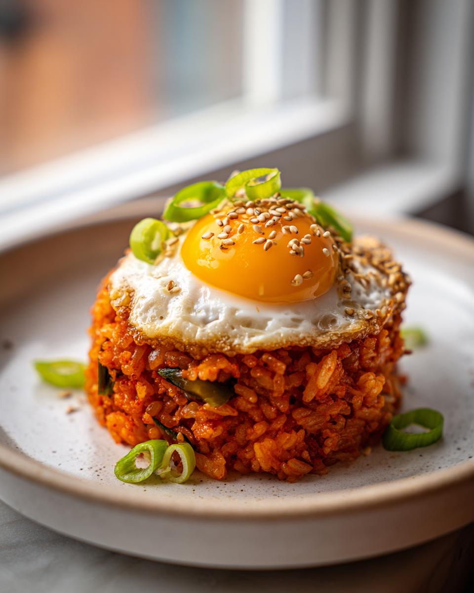 A perfectly molded serving of vibrant red kimchi fried rice topped with a sunny-side-up egg and sesame seeds.