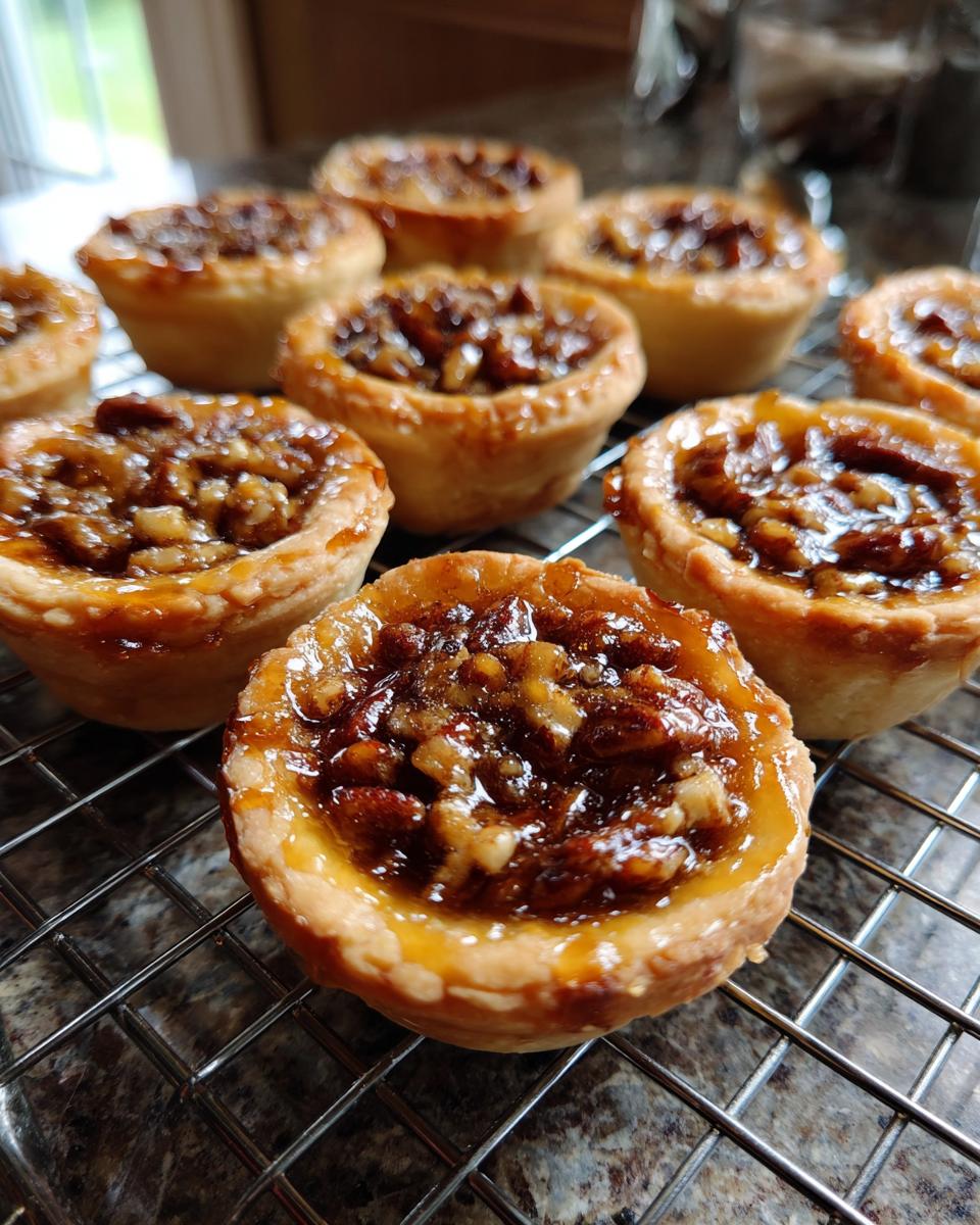 Close-up of several shiny, gooey mini pecan pies cooling on a wire rack after baking.