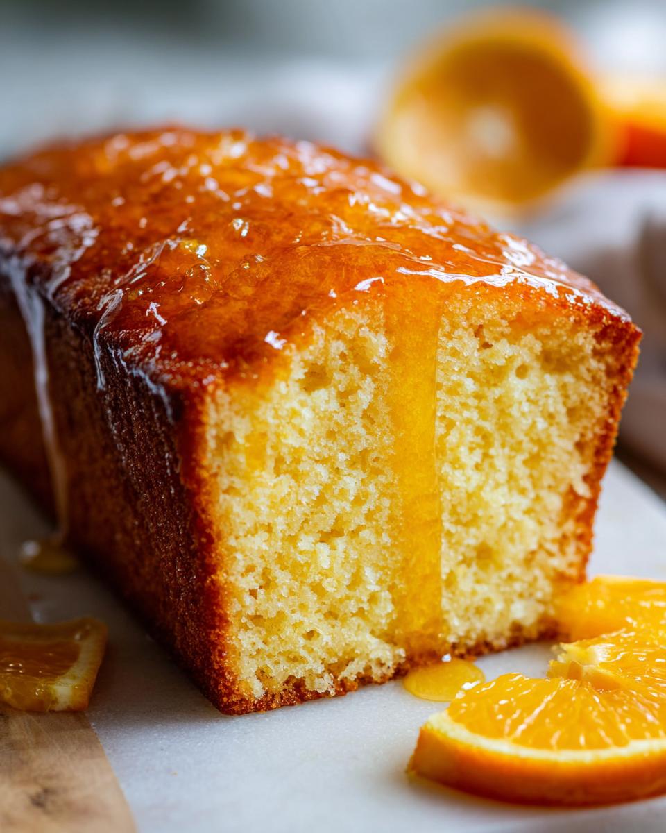 Close-up of a slice of moist orange juice cake topped with a thick, dripping orange glaze, garnished with fresh orange slices.