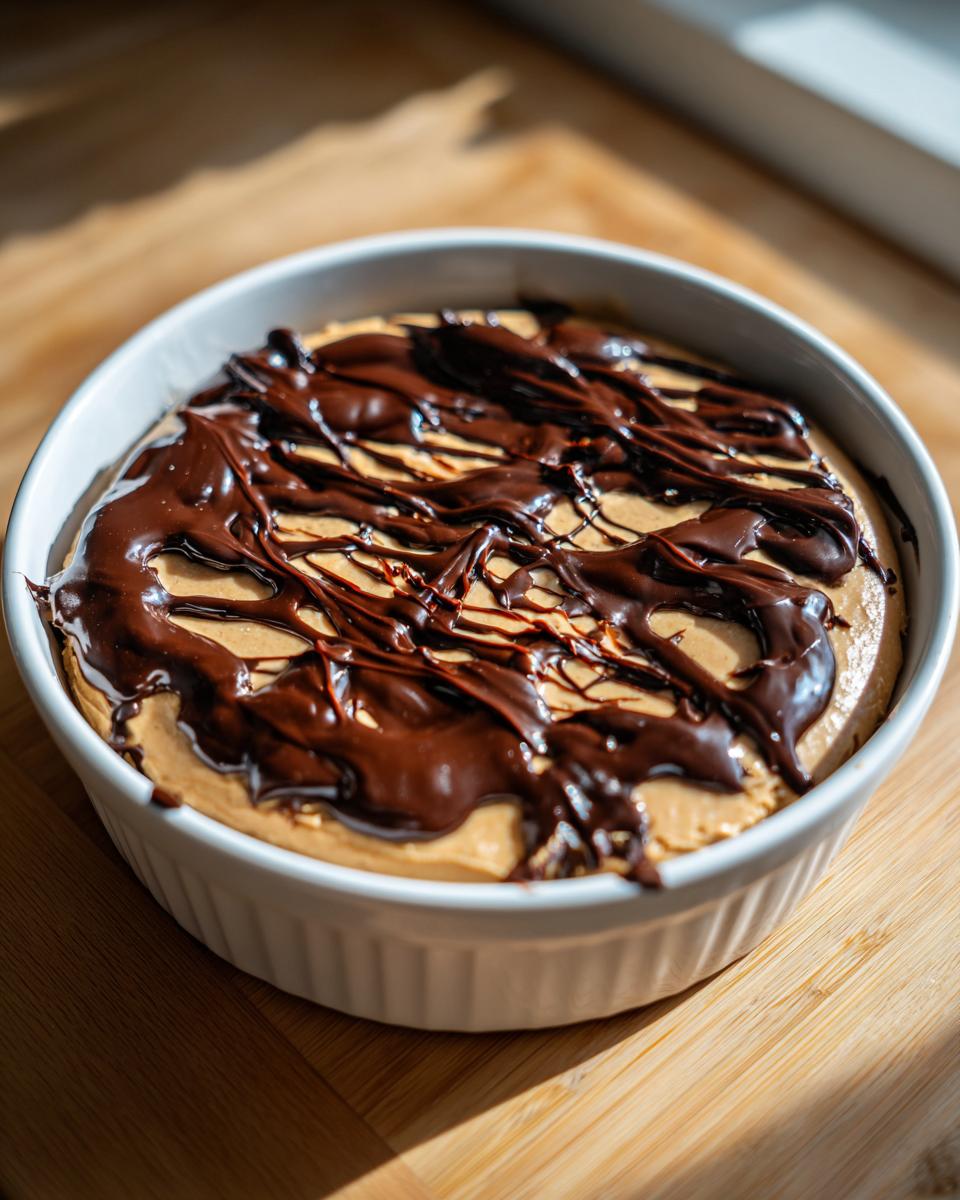 Close-up of a creamy peanut butter dip topped with a generous drizzle of melted dark chocolate in a white ramekin.