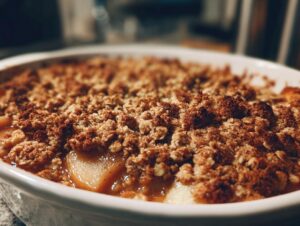 Close-up of a warm pear crisp in a white baking dish, featuring a thick, buttery, and browned oat crumble topping.