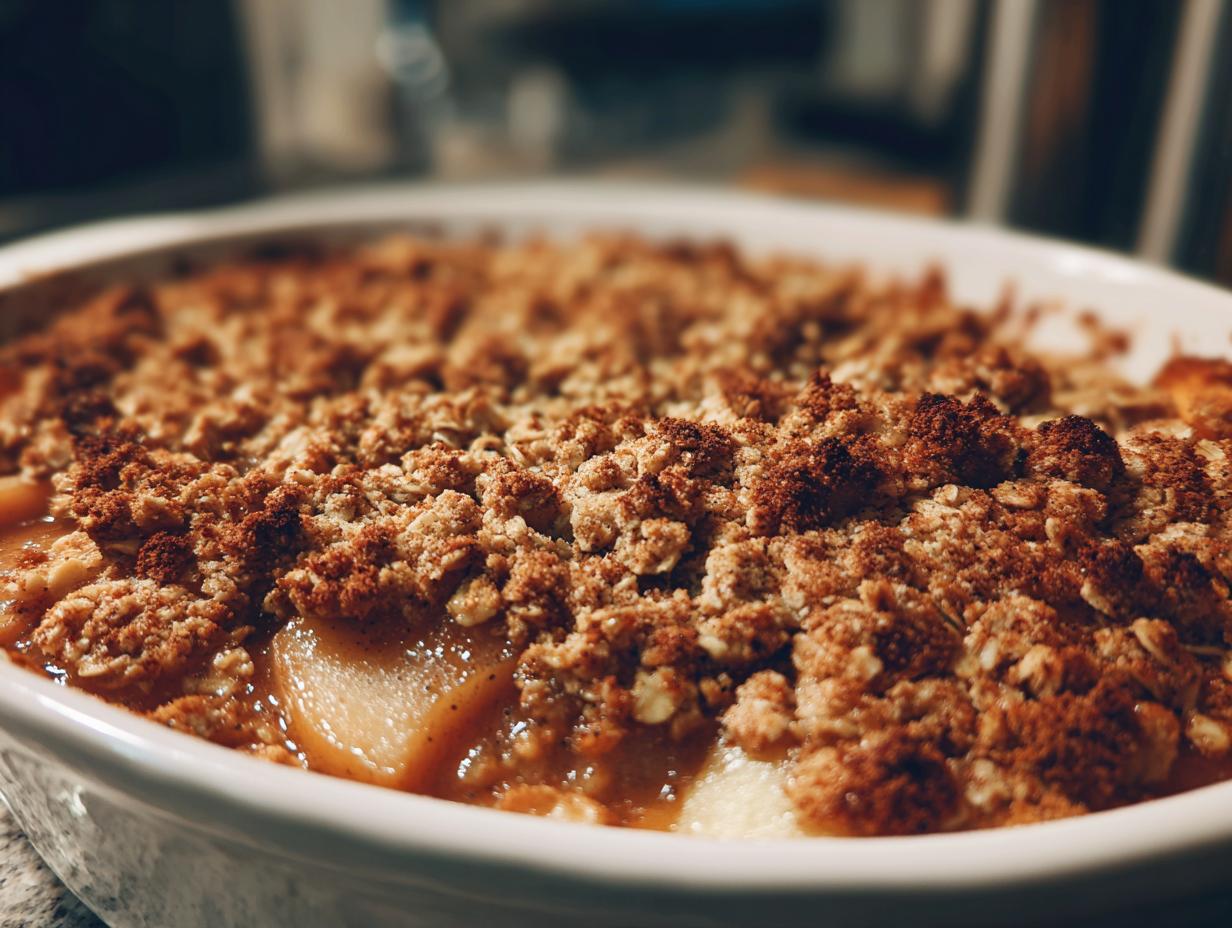 Close-up of a warm pear crisp in a white baking dish, featuring a thick, buttery, and browned oat crumble topping.