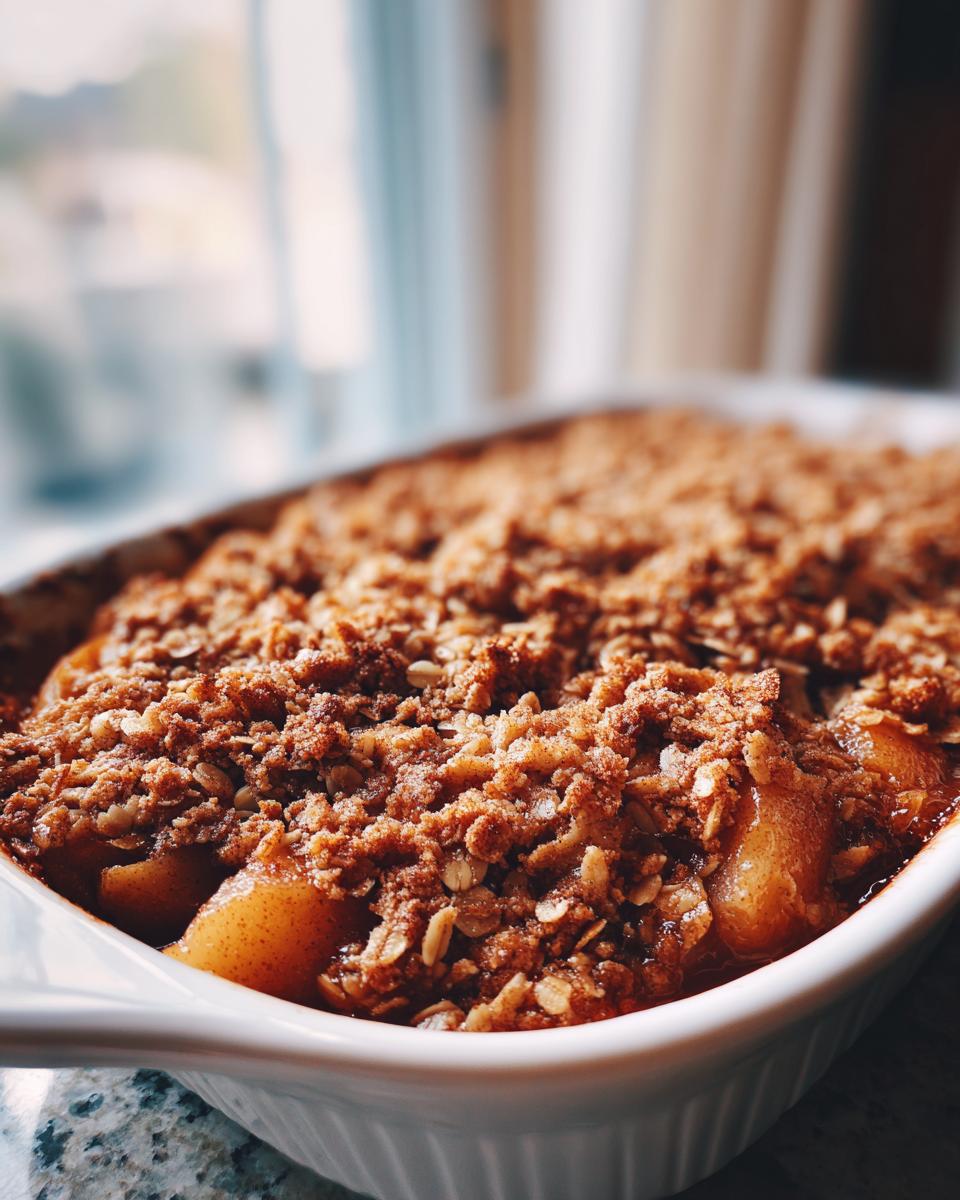 Close-up of a freshly baked pear crisp with a golden brown, crunchy oat topping in a white ceramic dish.