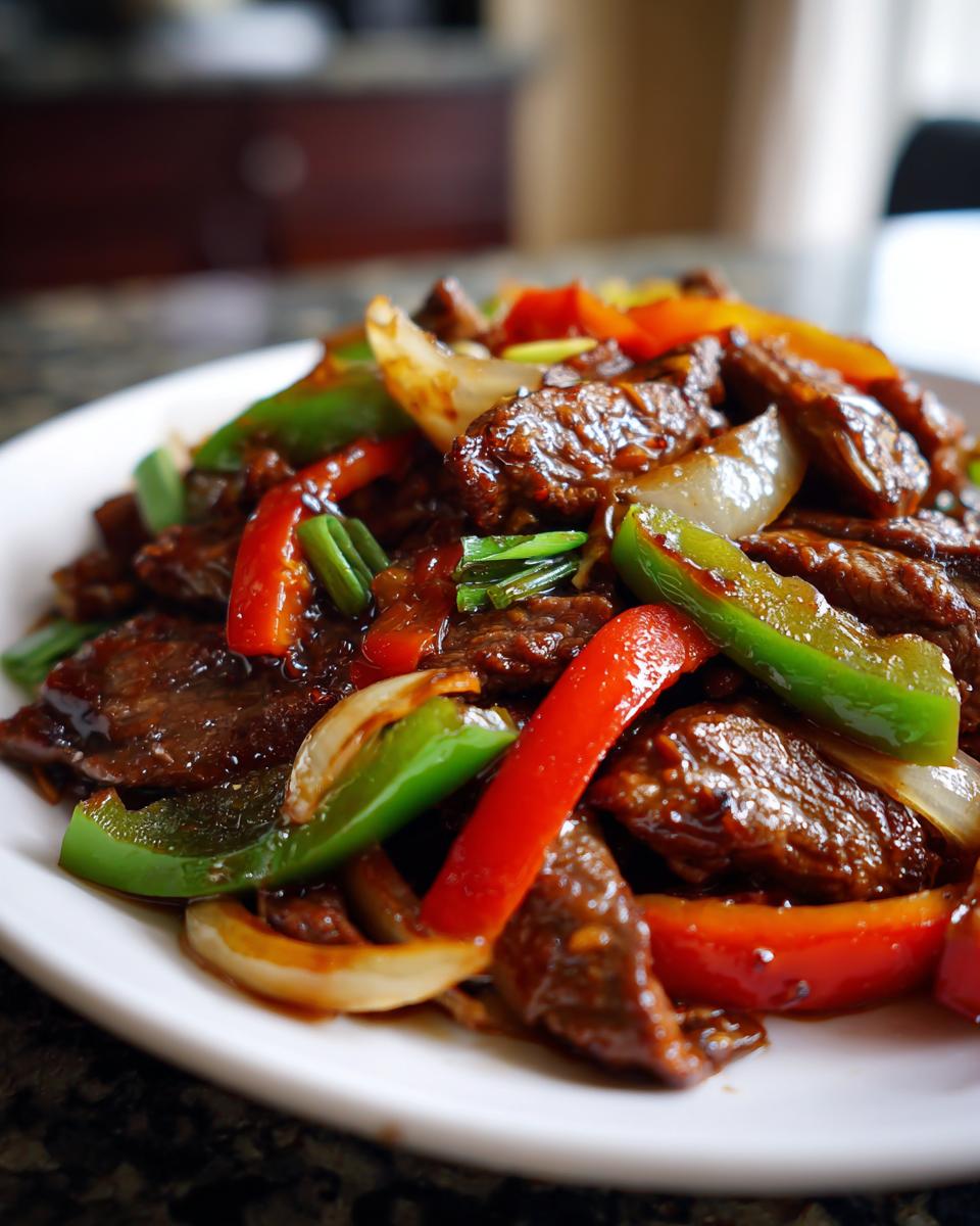 A close-up of glossy, saucy pepper steak strips mixed with vibrant red and green bell peppers and onions.