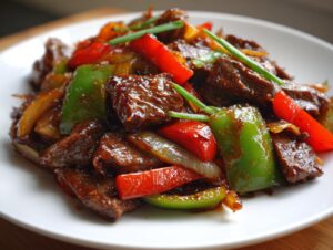 Close-up of glossy, saucy pepper steak featuring strips of beef, red and green bell peppers, and onions.