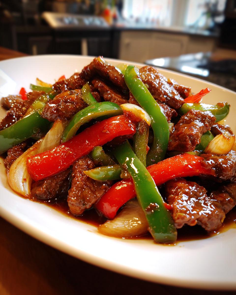 Close-up of glossy, saucy pepper steak strips mixed with vibrant red and green bell peppers and onions.