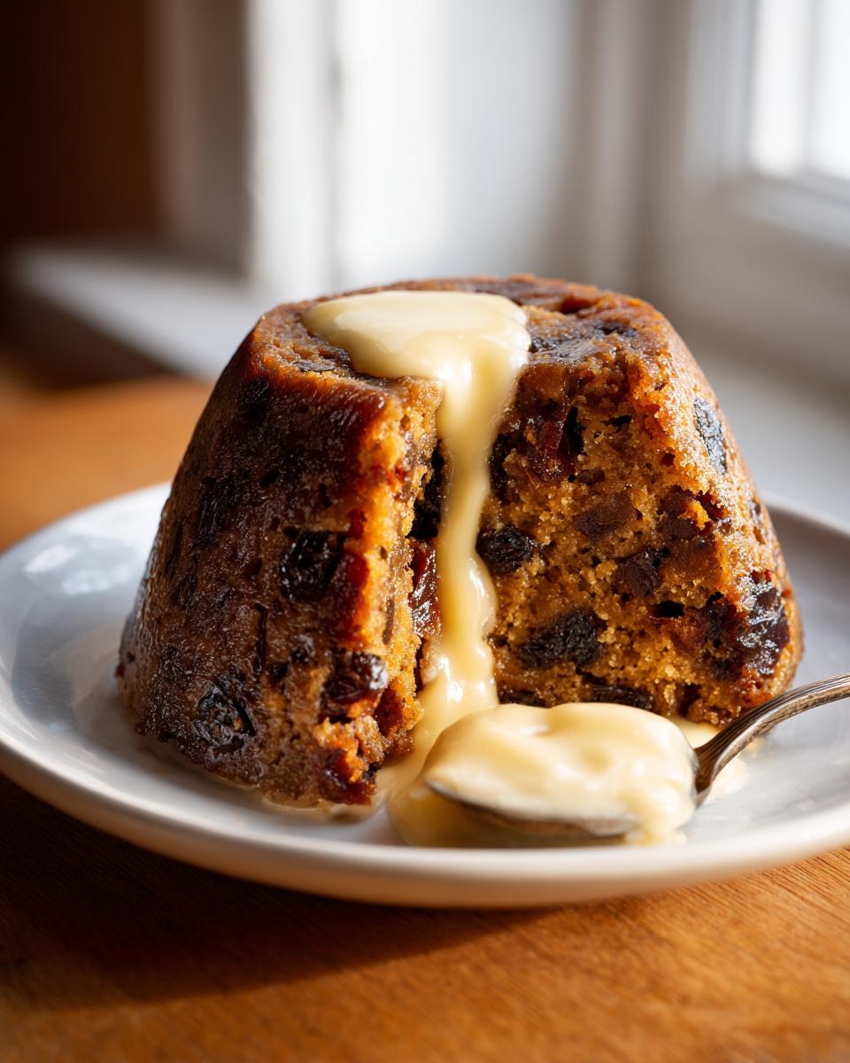 A close-up of a rich, dark plum pudding cut open, with thick vanilla custard pouring over the top and pooling on the plate.