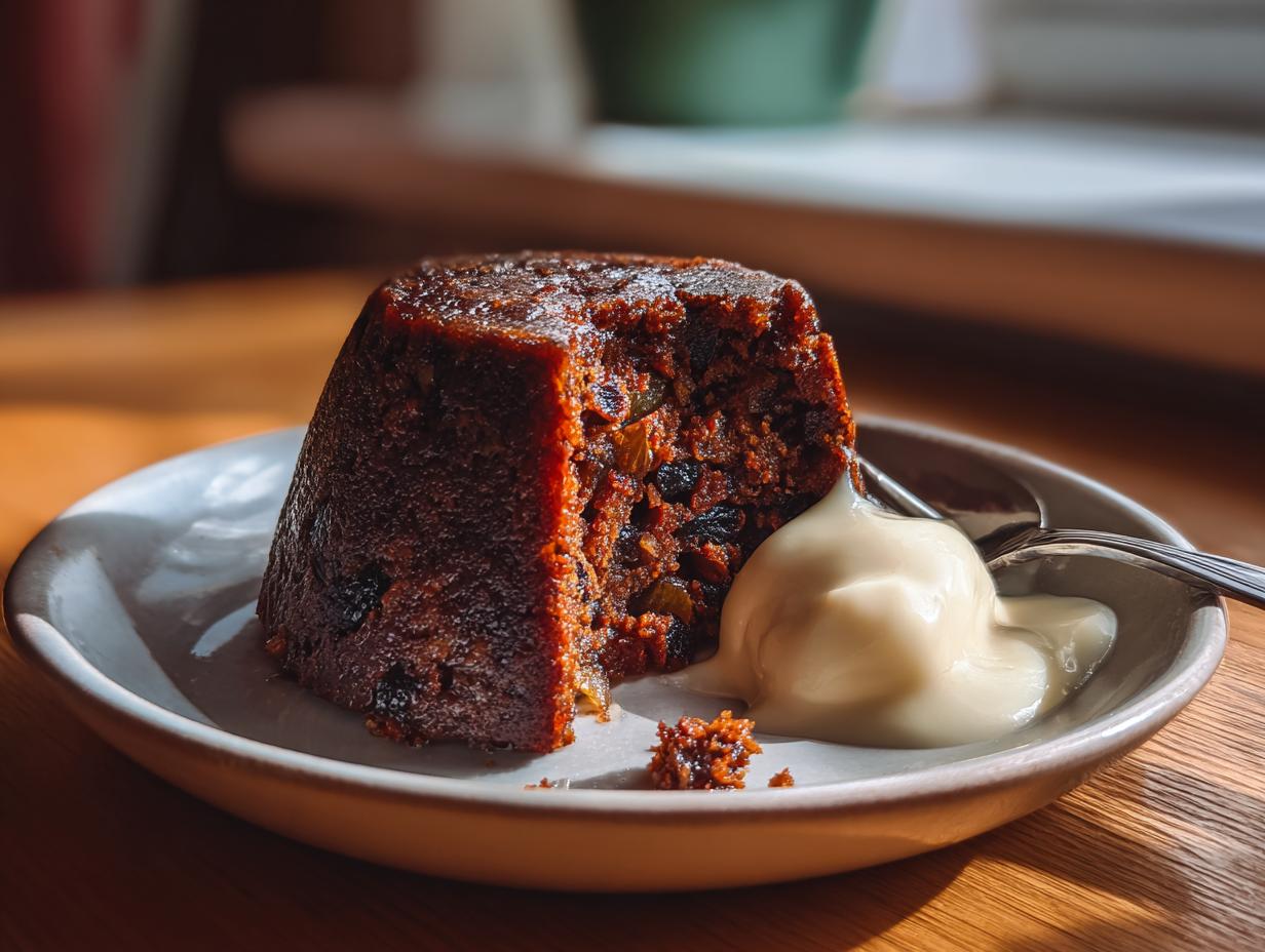 A rich, dark slice of homemade plum pudding served on a plate with a dollop of creamy custard or brandy butter.