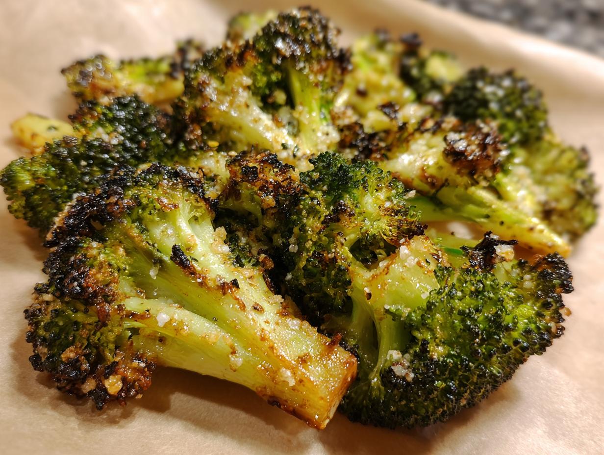 Close-up of perfectly seasoned and charred roasted broccoli florets sprinkled with salt.