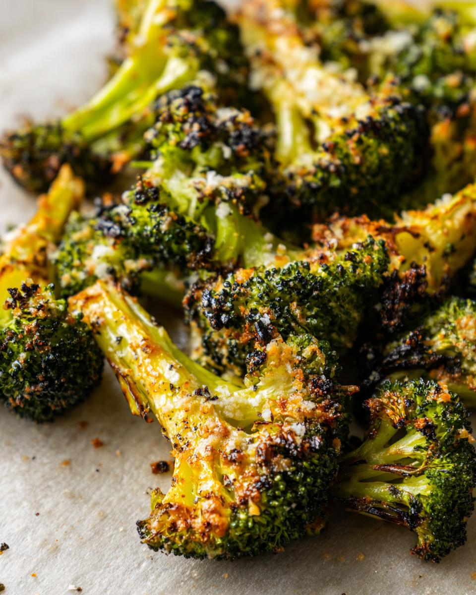 Close-up of crispy, charred roasted broccoli florets sprinkled with Parmesan cheese.