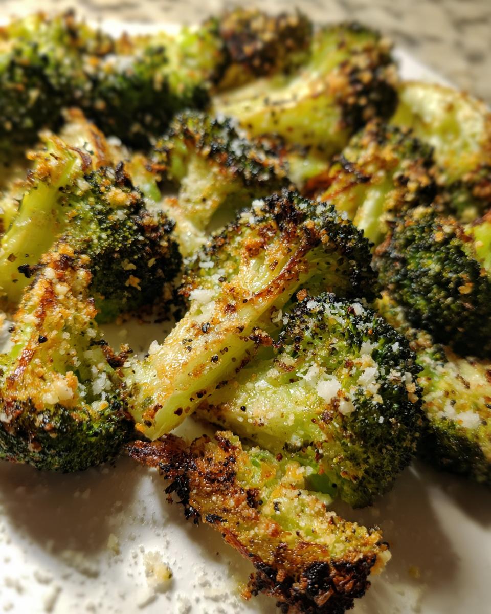 Close-up of perfectly roasted broccoli florets seasoned with pepper and topped with grated cheese.
