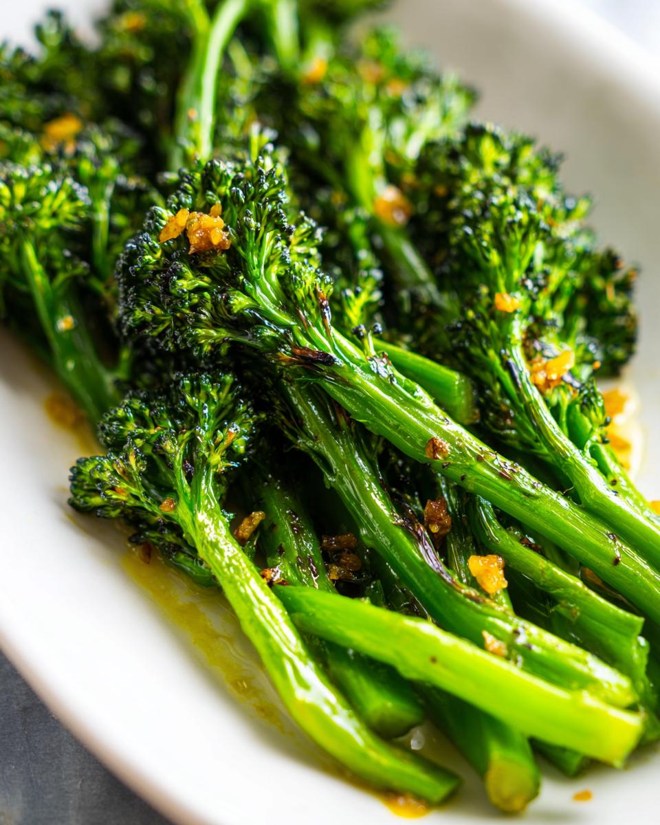 Close-up of bright green roasted broccolini stalks glistening with oil and topped with caramelized garlic bits.
