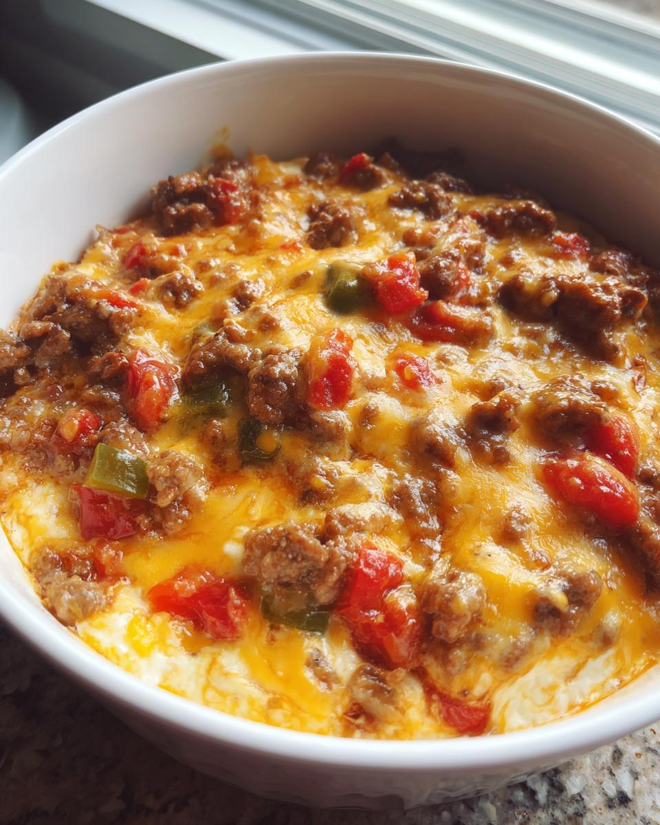 Close-up of baked sausage cream cheese dip topped with melted cheddar cheese, ground sausage, and diced red and green peppers.