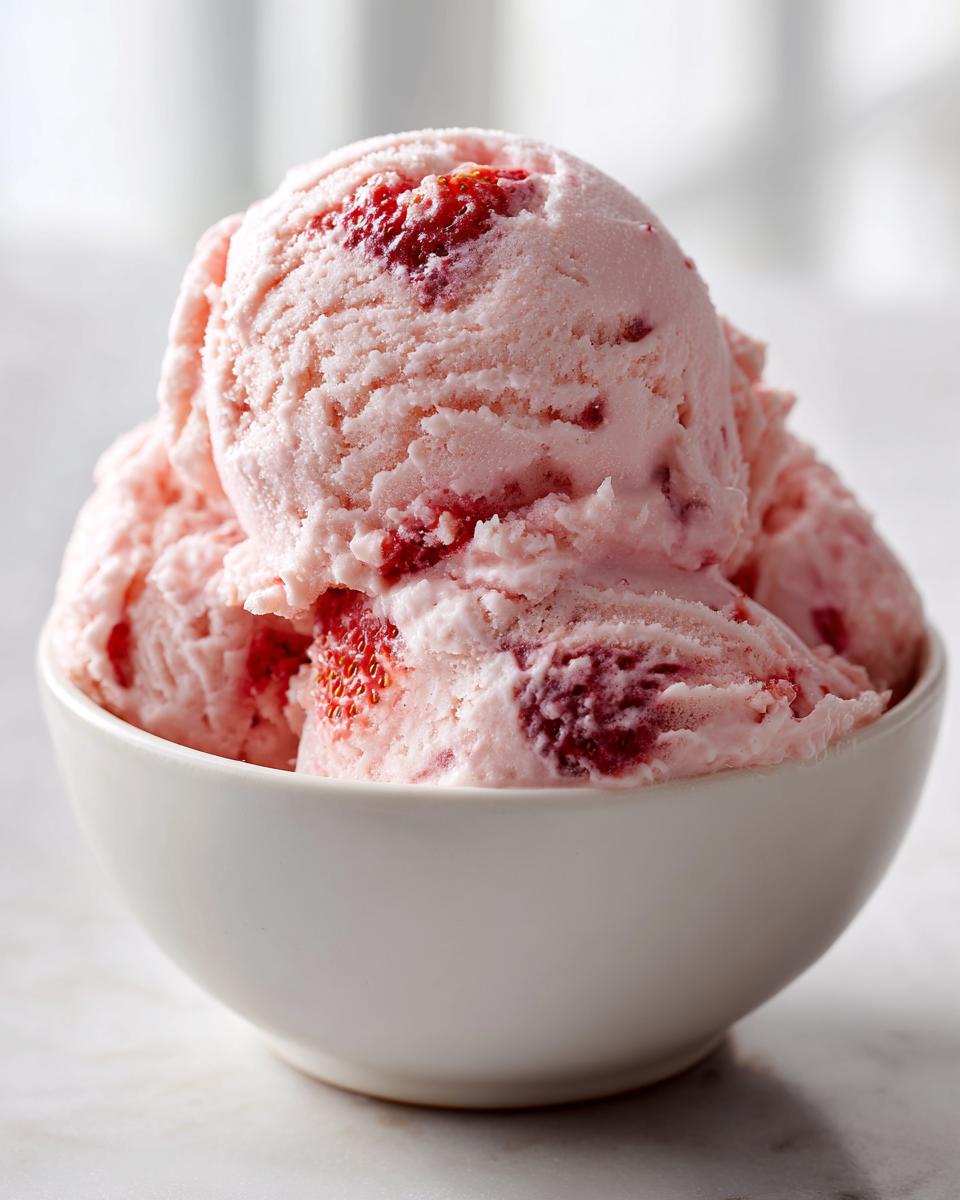 Three scoops of creamy pink strawberry ice cream loaded with visible strawberry pieces served in a white bowl.