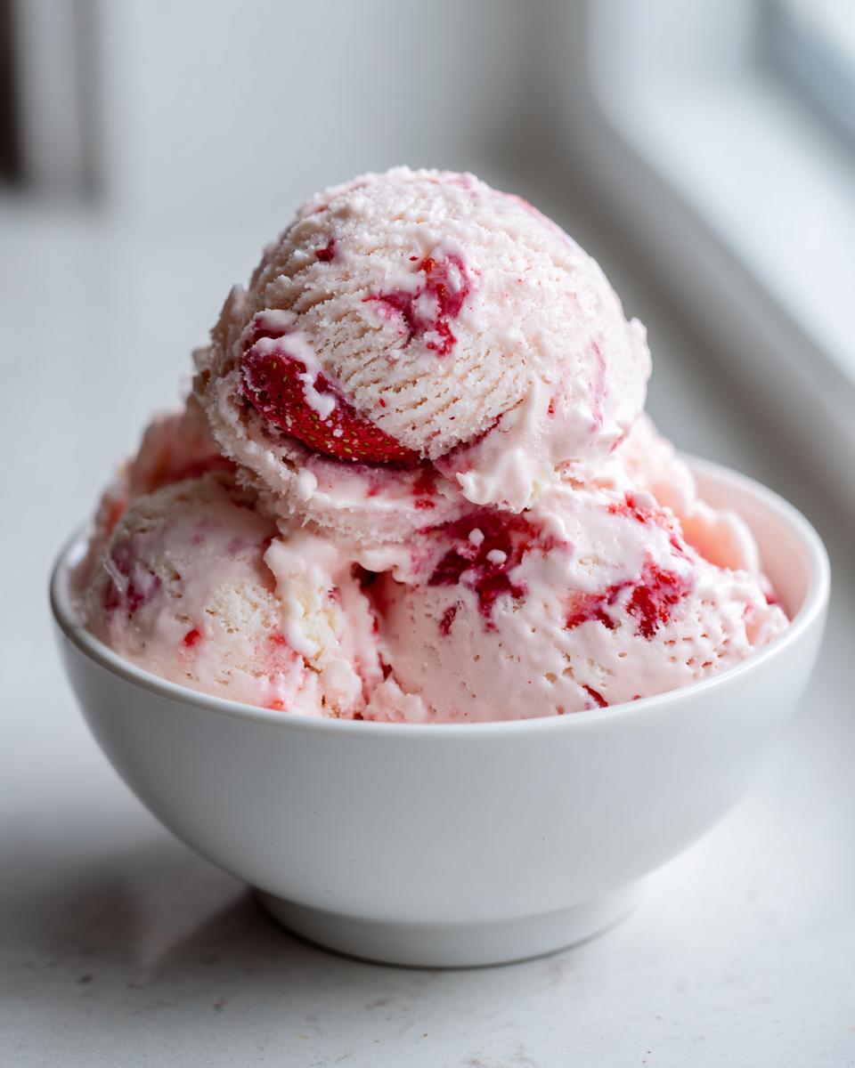 Close-up of three scoops of pink and white strawberry ice cream swirled with bright red fruit pieces, served in a white bowl.