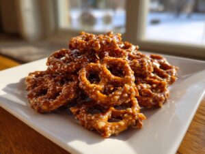 A close-up of a pile of shiny, glazed toffee pretzels stacked on a white rectangular plate.